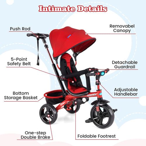 OLAKIDS Kids Tricycle, 6 in 1 Stroll Trike with Adjustable Push Handle Suitable for 10 Months to 5 Years