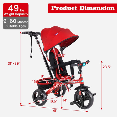 OLAKIDS Kids Tricycle, 6 in 1 Stroll Trike with Adjustable Push Handle Suitable for 10 Months to 5 Years