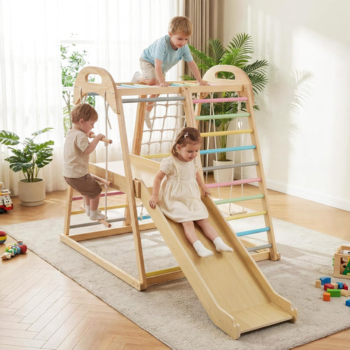 OLAKIDS 8 in 1 Wooden Montessori Indoor Jungle Gym with Swing, Slide, Ramp & Climbing Accessories