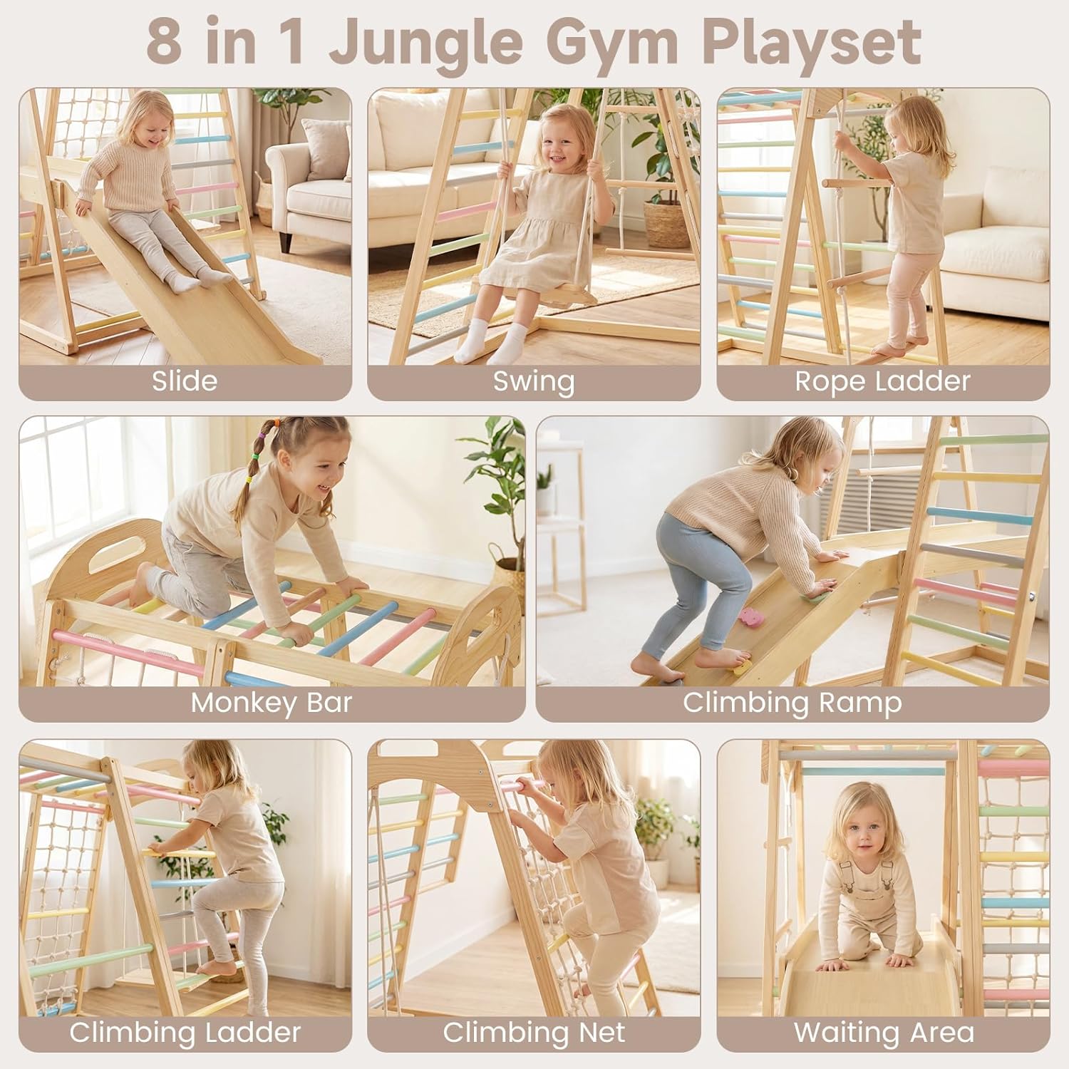 OLAKIDS 8 in 1 Wooden Montessori Indoor Jungle Gym with Swing, Slide, Ramp & Climbing Accessories