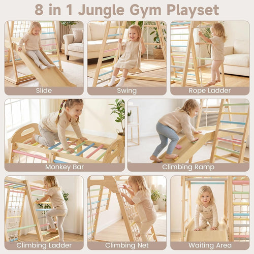 OLAKIDS 8 in 1 Wooden Montessori Indoor Jungle Gym with Swing, Slide, Ramp & Climbing Accessories