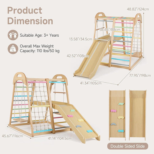OLAKIDS 8 in 1 Wooden Montessori Indoor Jungle Gym with Swing, Slide, Ramp & Climbing Accessories