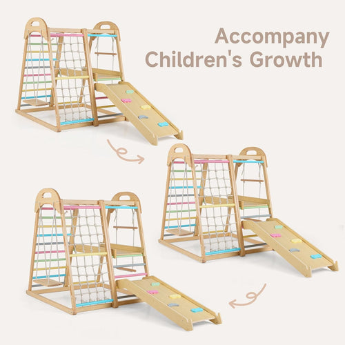 OLAKIDS 8 in 1 Wooden Montessori Indoor Jungle Gym with Swing, Slide, Ramp & Climbing Accessories