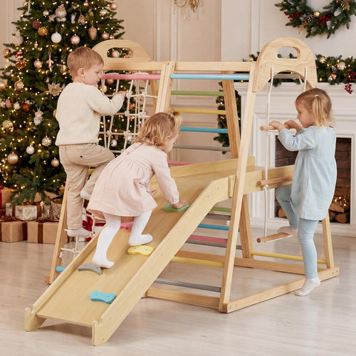 OLAKIDS 8 in 1 Wooden Montessori Indoor Jungle Gym with Swing, Slide, Ramp & Climbing Accessories