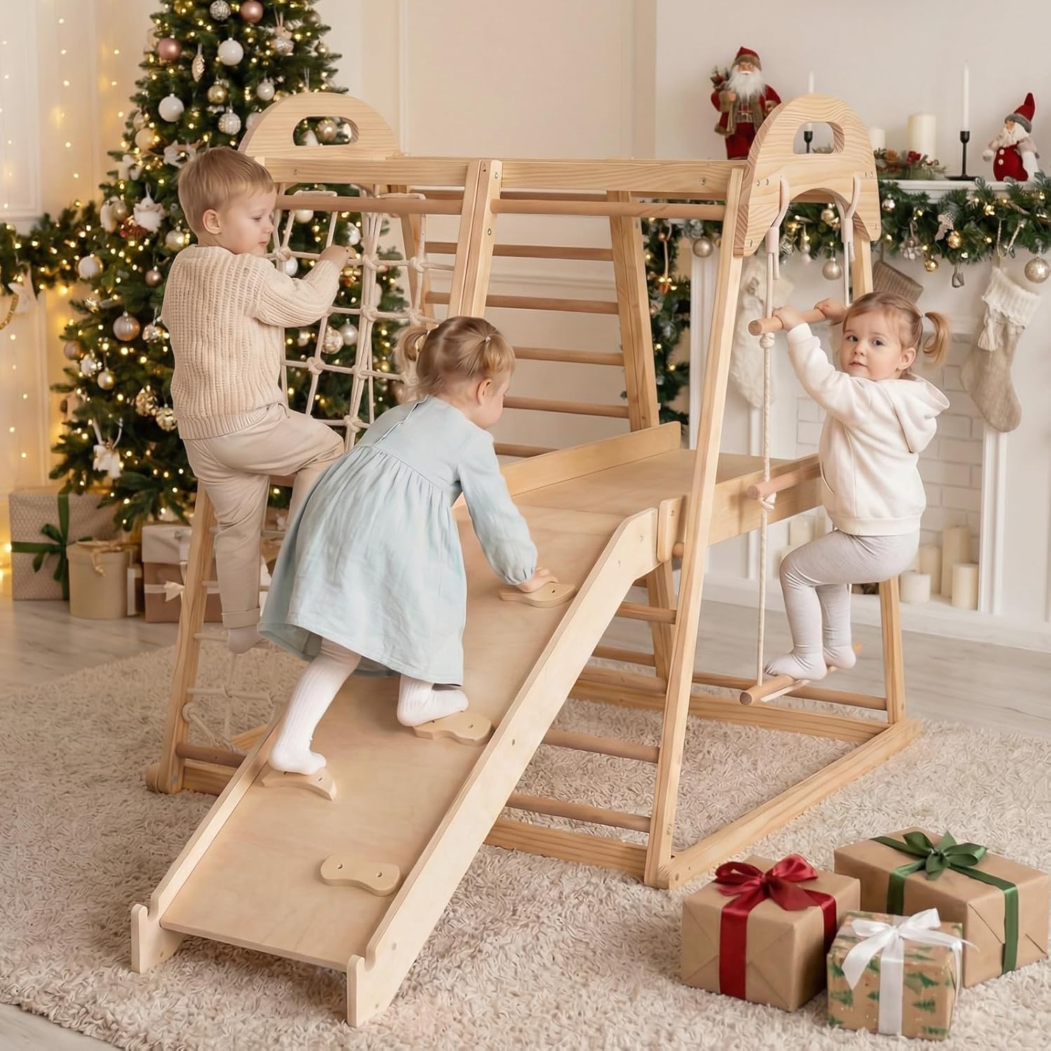 OLAKIDS 8 in 1 Wooden Montessori Indoor Jungle Gym with Swing, Slide, Ramp & Climbing Accessories