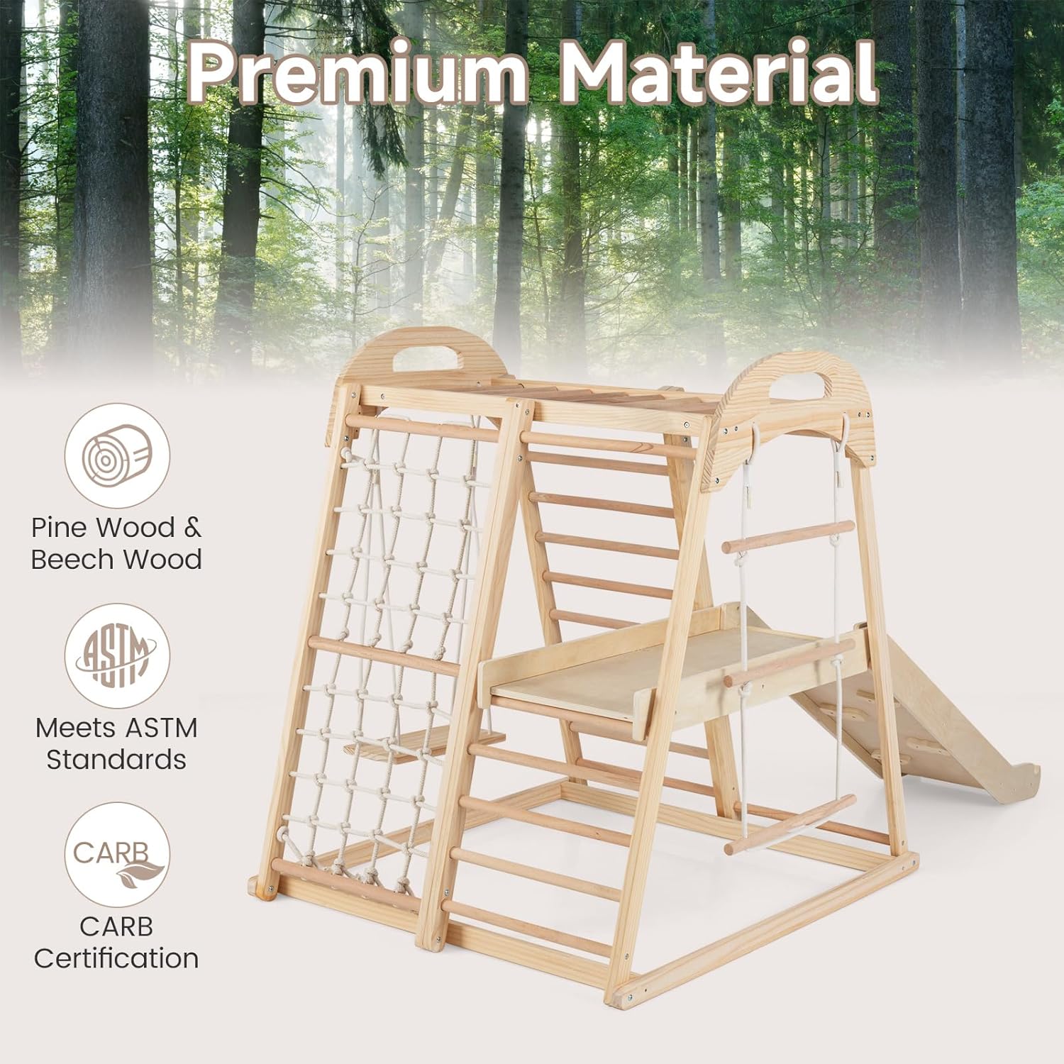 OLAKIDS 8 in 1 Wooden Montessori Indoor Jungle Gym with Swing, Slide, Ramp & Climbing Accessories