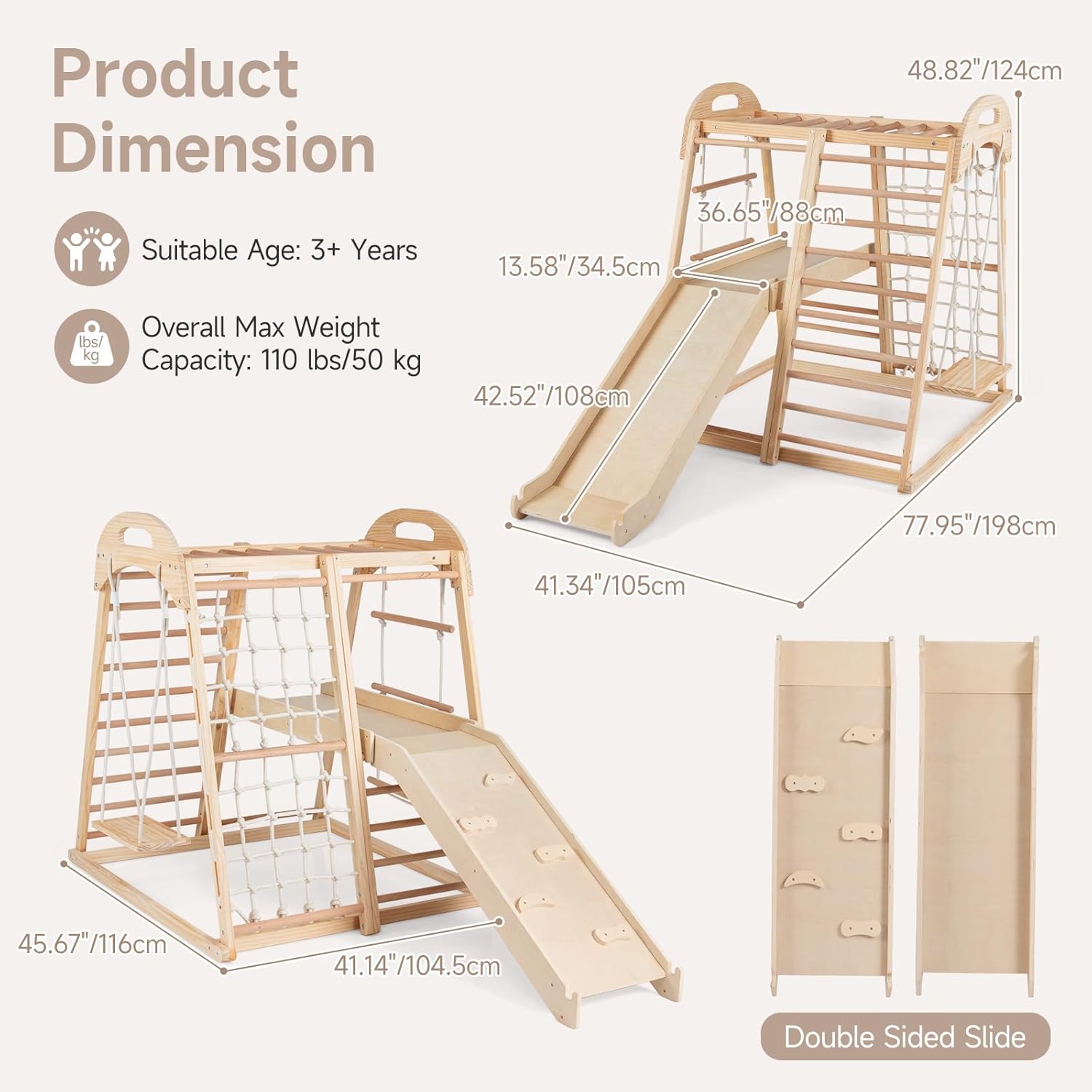 OLAKIDS 8 in 1 Wooden Montessori Indoor Jungle Gym with Swing, Slide, Ramp & Climbing Accessories