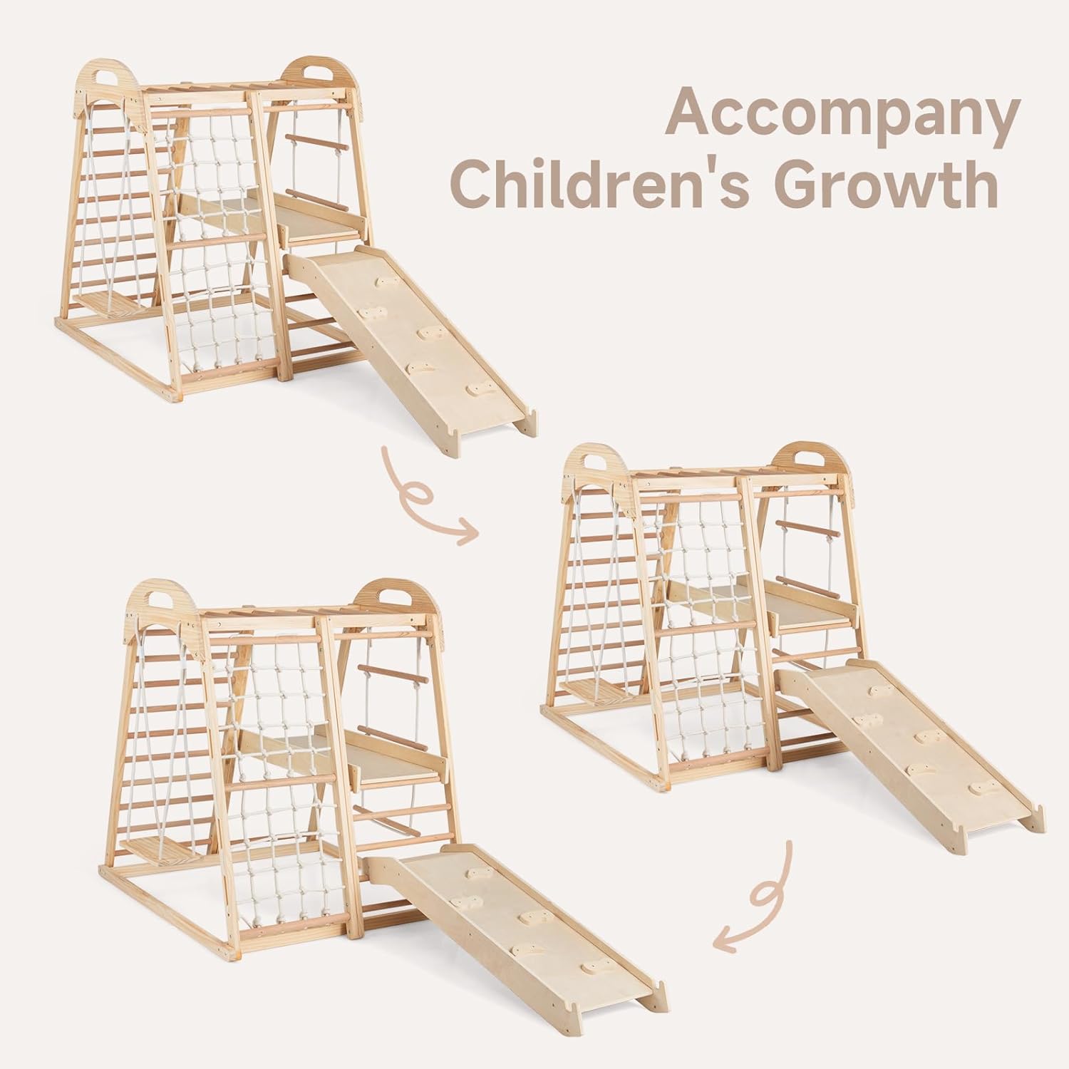 OLAKIDS 8 in 1 Wooden Montessori Indoor Jungle Gym with Swing, Slide, Ramp & Climbing Accessories