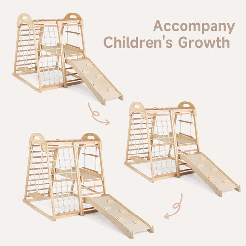 OLAKIDS 8 in 1 Wooden Montessori Indoor Jungle Gym with Swing, Slide, Ramp & Climbing Accessories