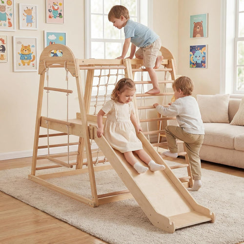 OLAKIDS 8 in 1 Wooden Montessori Indoor Jungle Gym with Swing, Slide, Ramp & Climbing Accessories