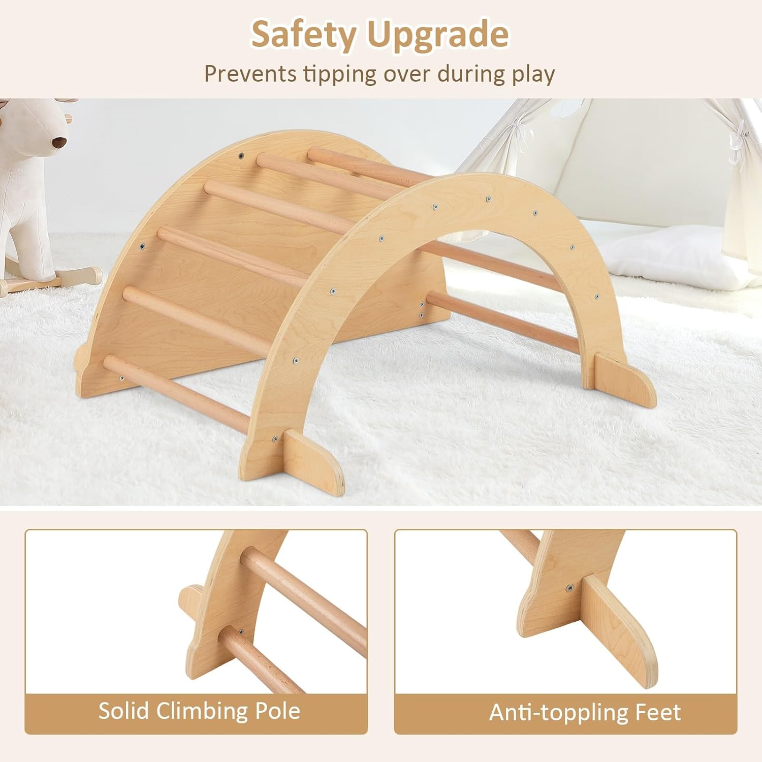 OLAKIDS Wooden Arch Climber Rocker with Soft Cushion, 6 in 1 Montessori Climbing Toys for Toddlers