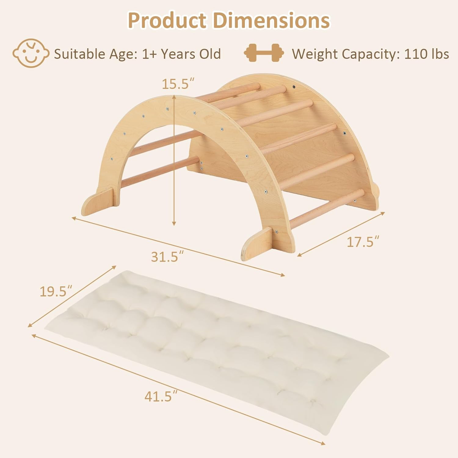 OLAKIDS Wooden Arch Climber Rocker with Soft Cushion, 6 in 1 Montessori Climbing Toys for Toddlers