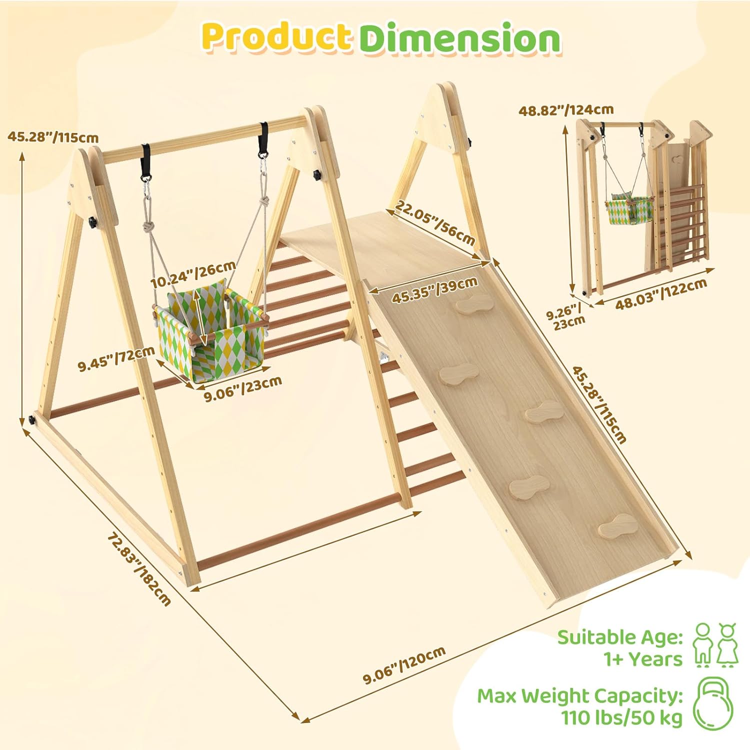 OLAKIDS Indoor Jungle Gym, 3 in 1 Wooden Foldable Montessori Toddler Climbing Toys