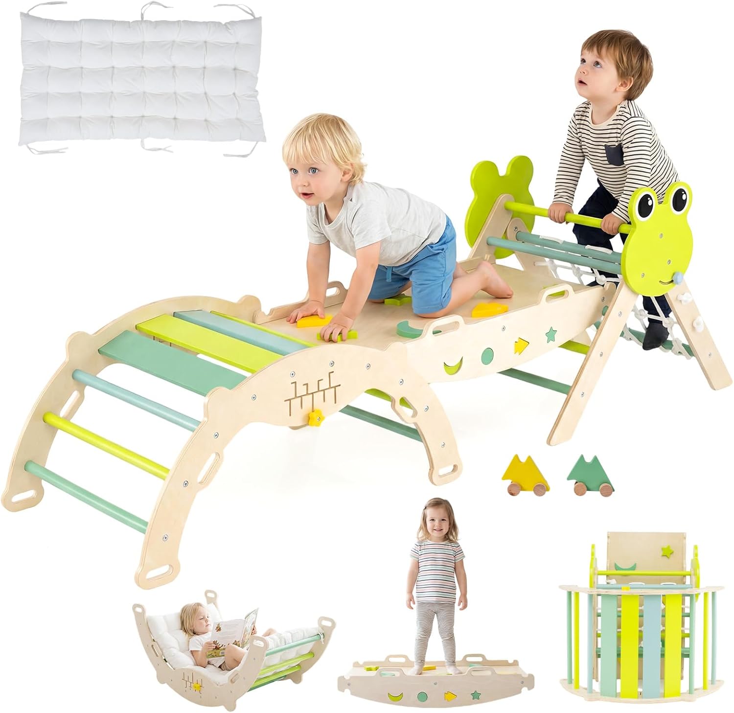 OLAKIDS 13-in-1 Frog Pikler Triangle Set, Foldable Wooden Montessori Climber with Cushion