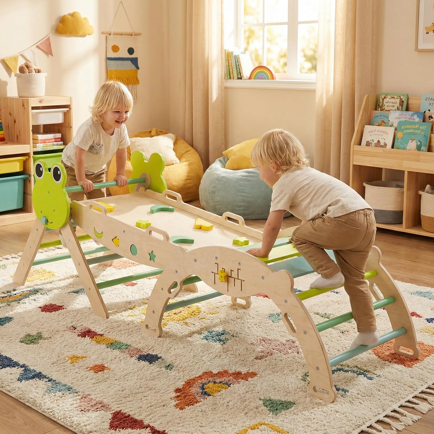 OLAKIDS 13-in-1 Frog Pikler Triangle Set, Foldable Wooden Montessori Climber with Cushion