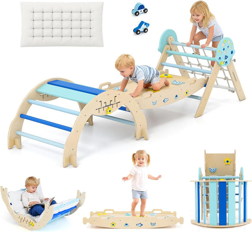 Olakids Pikler Triangle Set, 13 in 1 Astronaut Theme Foldable Wooden Montessori Toddler Climbing Toys