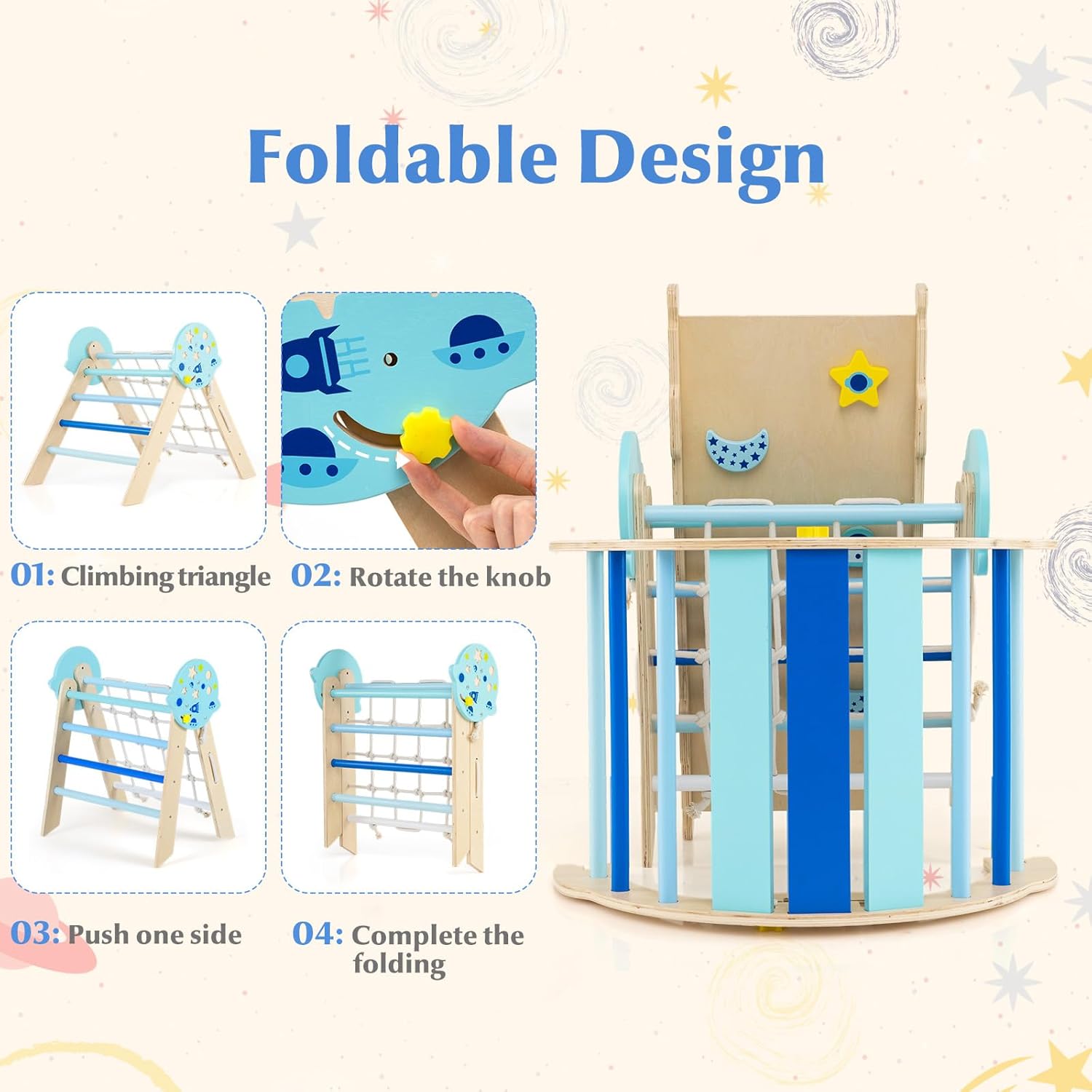 Olakids Pikler Triangle Set, 13 in 1 Astronaut Theme Foldable Wooden Montessori Toddler Climbing Toys