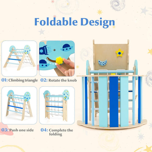 Olakids Pikler Triangle Set, 13 in 1 Astronaut Theme Foldable Wooden Montessori Toddler Climbing Toys