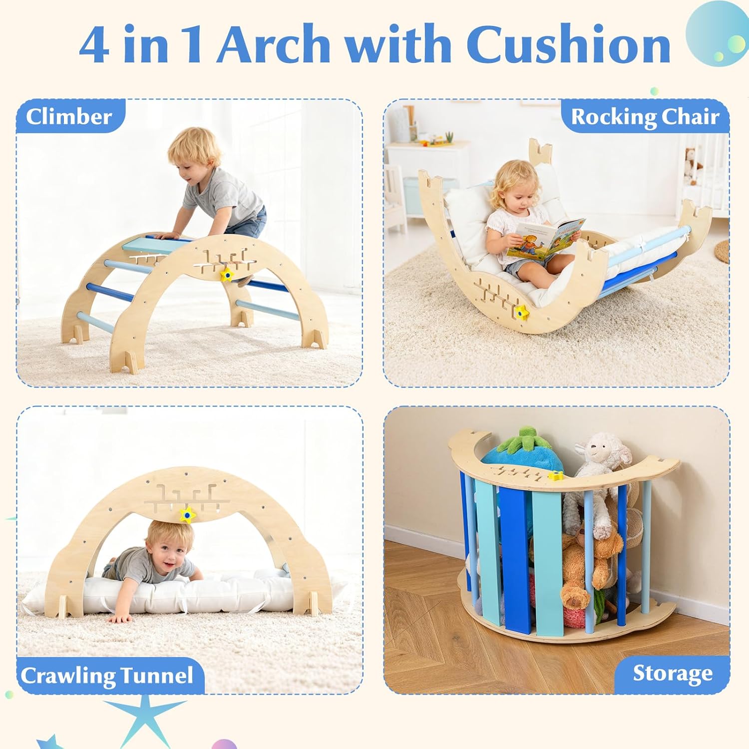 Olakids Pikler Triangle Set, 13 in 1 Astronaut Theme Foldable Wooden Montessori Toddler Climbing Toys