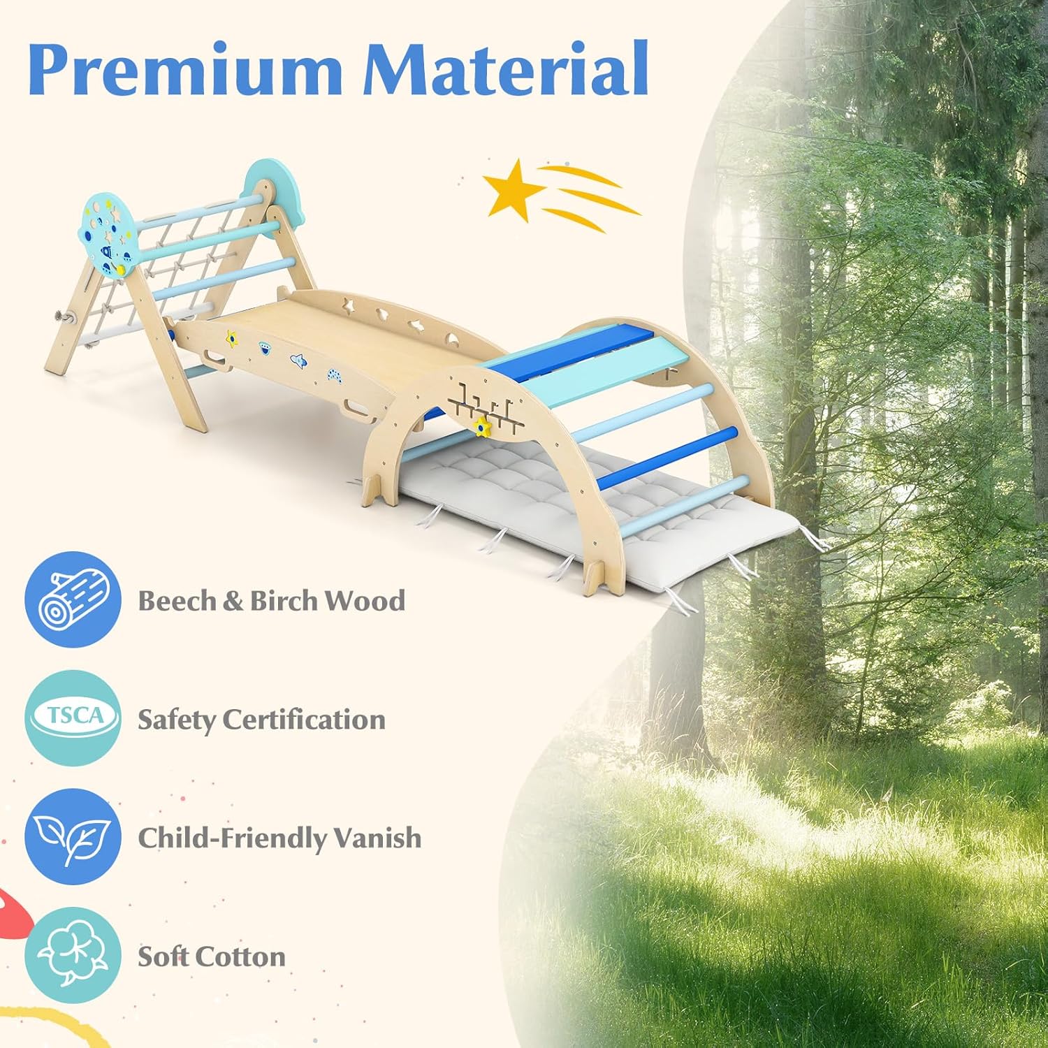 Olakids Pikler Triangle Set, 13 in 1 Astronaut Theme Foldable Wooden Montessori Toddler Climbing Toys
