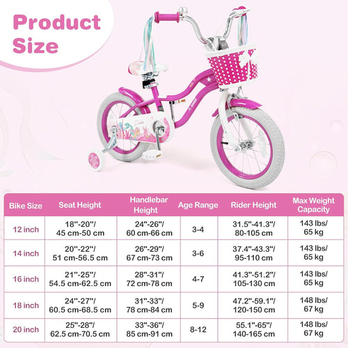 Olakids Kids Bike, 12 14 16 18 20 Inch Mermaid Theme Girls Bicycle with Training Wheels