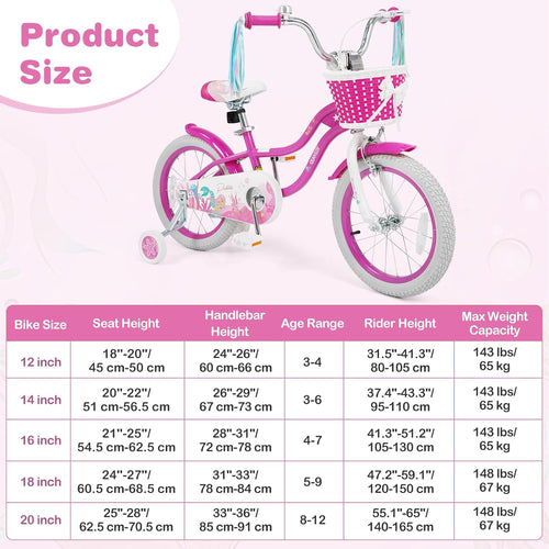 Olakids Kids Bike, 12 14 16 18 20 Inch Mermaid Theme Girls Bicycle with Training Wheels