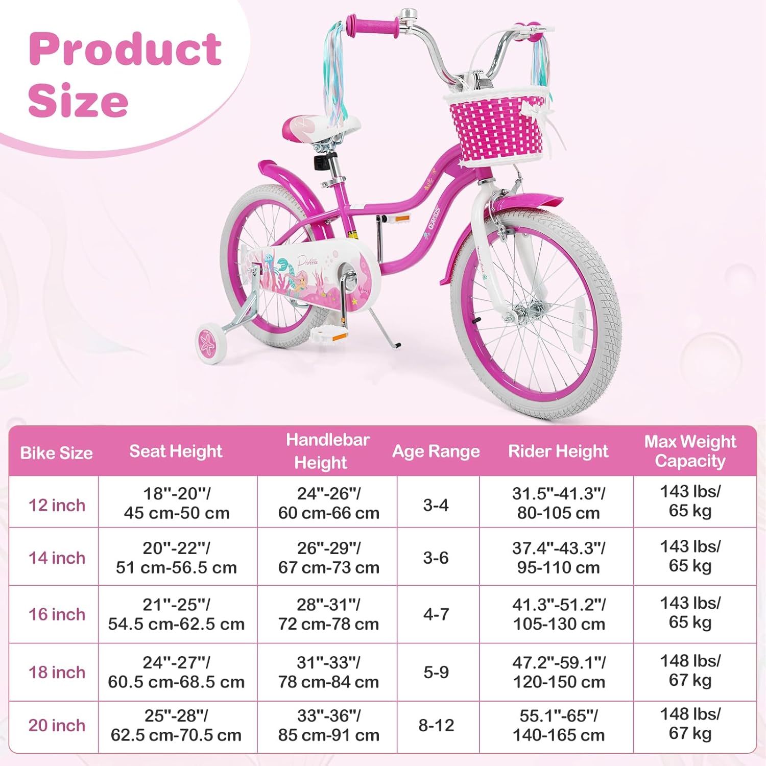 Olakids Kids Bike, 12 14 16 18 20 Inch Mermaid Theme Girls Bicycle with Training Wheels