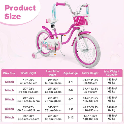 Olakids Kids Bike, 12 14 16 18 20 Inch Mermaid Theme Girls Bicycle with Training Wheels