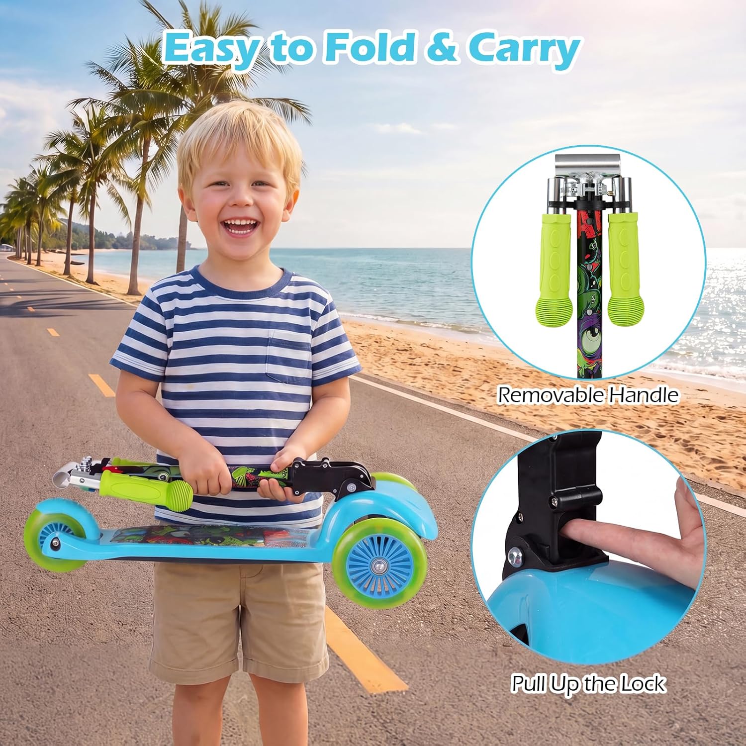 OLAKIDS 3-Wheel Kids Scooter, LED Wheels, Adjustable Handlebar, Lean-to-Steer, Rear Brake, Anti-Slip Deck, Ages 2-5