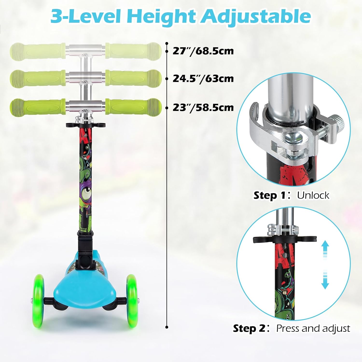 OLAKIDS 3-Wheel Kids Scooter, LED Wheels, Adjustable Handlebar, Lean-to-Steer, Rear Brake, Anti-Slip Deck, Ages 2-5