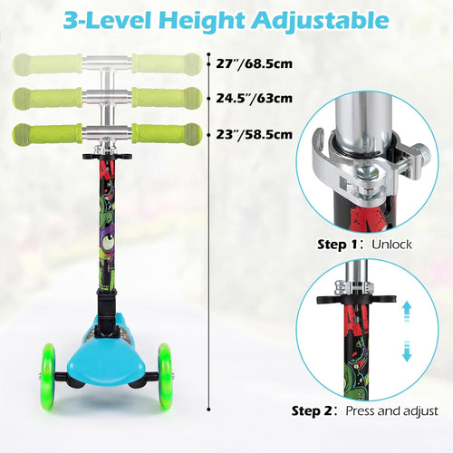 OLAKIDS 3-Wheel Kids Scooter, LED Wheels, Adjustable Handlebar, Lean-to-Steer, Rear Brake, Anti-Slip Deck, Ages 2-5