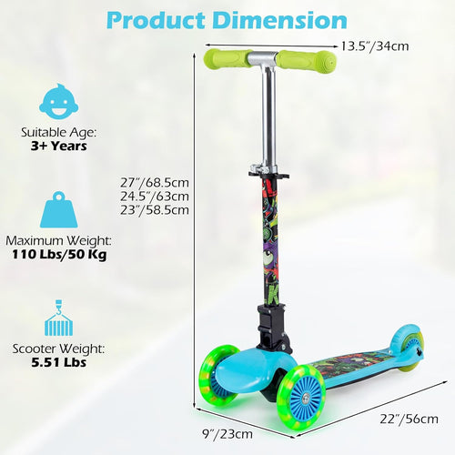OLAKIDS 3-Wheel Kids Scooter, LED Wheels, Adjustable Handlebar, Lean-to-Steer, Rear Brake, Anti-Slip Deck, Ages 2-5