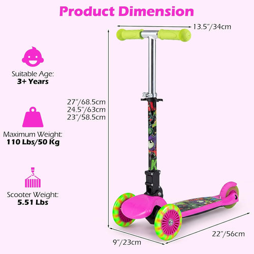 OLAKIDS 3-Wheel Kids Scooter, LED Wheels, Adjustable Handlebar, Lean-to-Steer, Rear Brake, Anti-Slip Deck, Ages 2-5