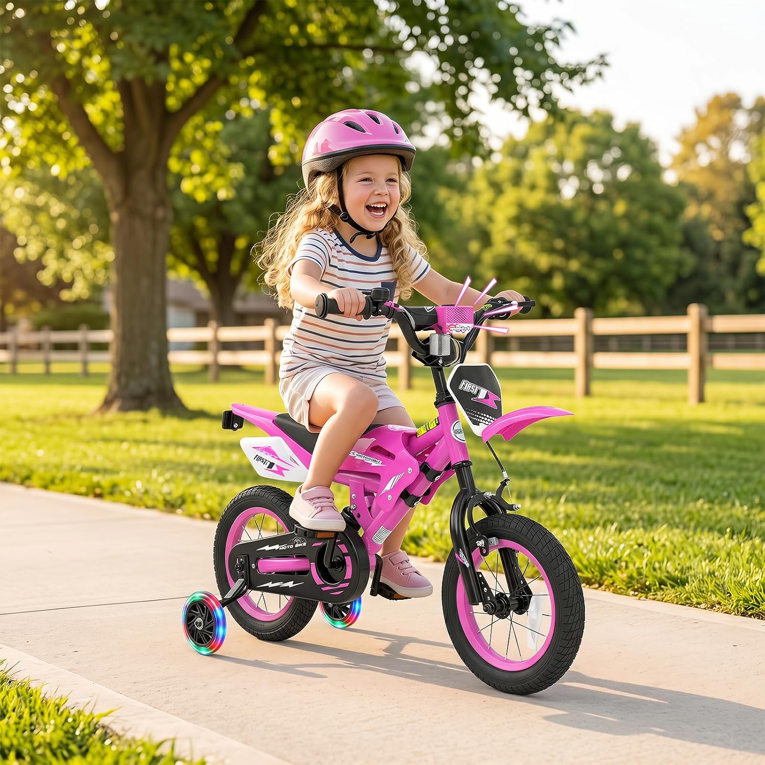 Olakids 12/16 Inch Motorcycle Kids BMX Bike with Light Training Wheels & Suspension