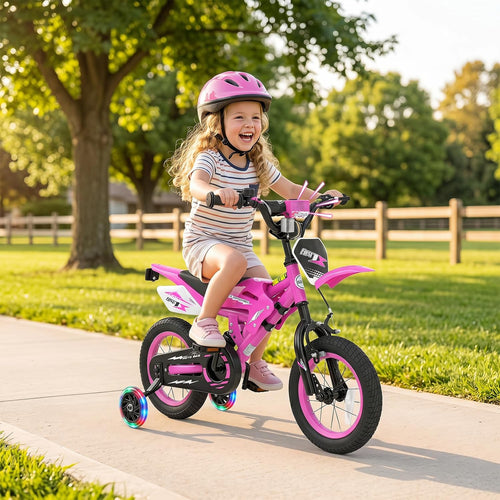 Olakids 12/16 Inch Motorcycle Kids BMX Bike with Light Training Wheels & Suspension