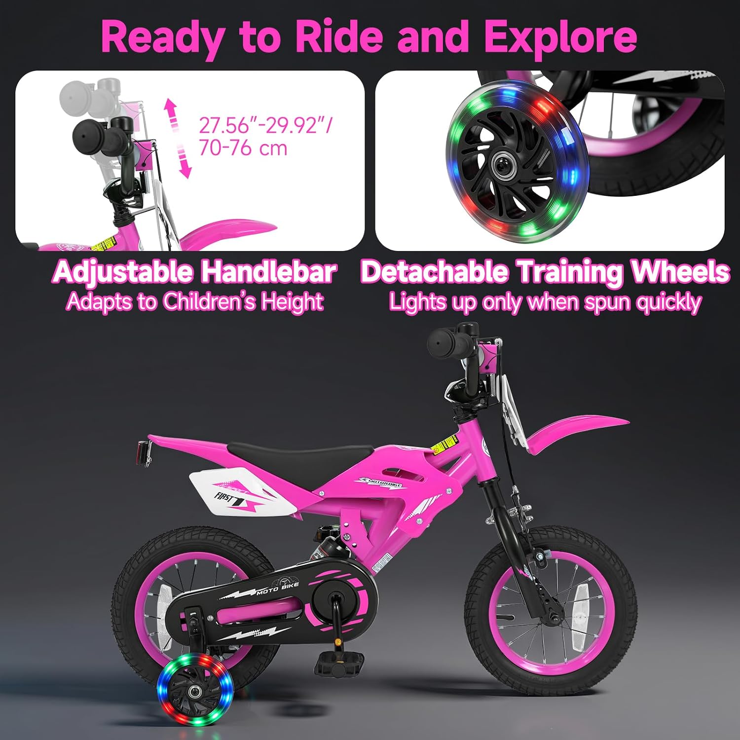 Olakids 12/16 Inch Motorcycle Kids BMX Bike with Light Training Wheels & Suspension