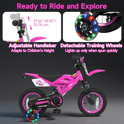 Olakids 12/16 Inch Motorcycle Kids BMX Bike with Light Training Wheels & Suspension