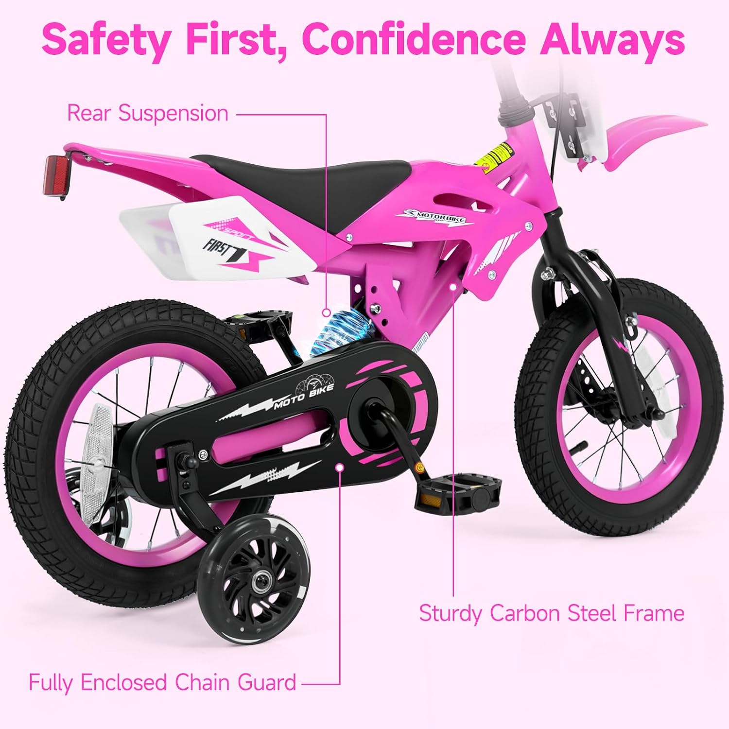 Olakids 12/16 Inch Motorcycle Kids BMX Bike with Light Training Wheels & Suspension