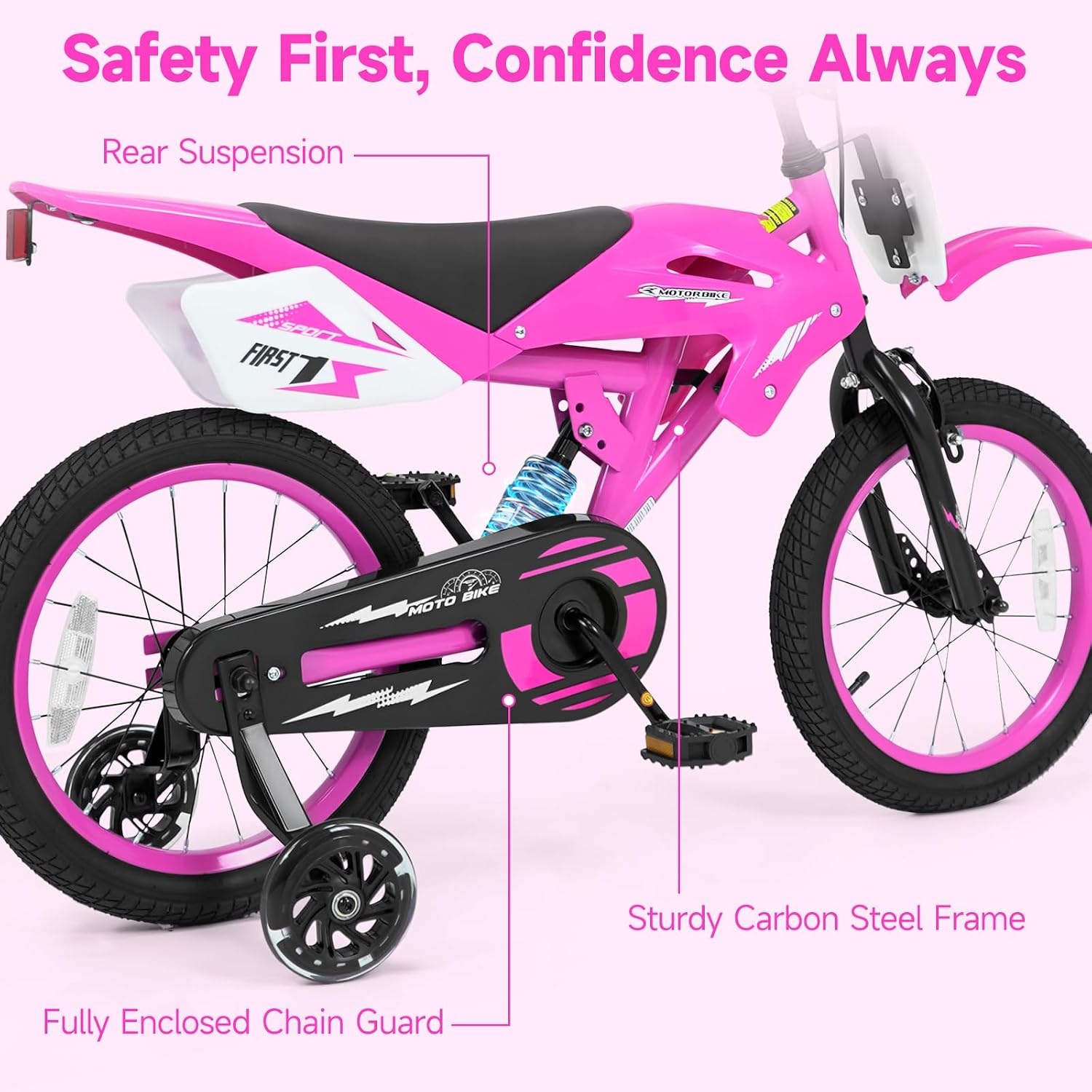 Olakids 12/16 Inch Motorcycle Kids BMX Bike with Light Training Wheels & Suspension