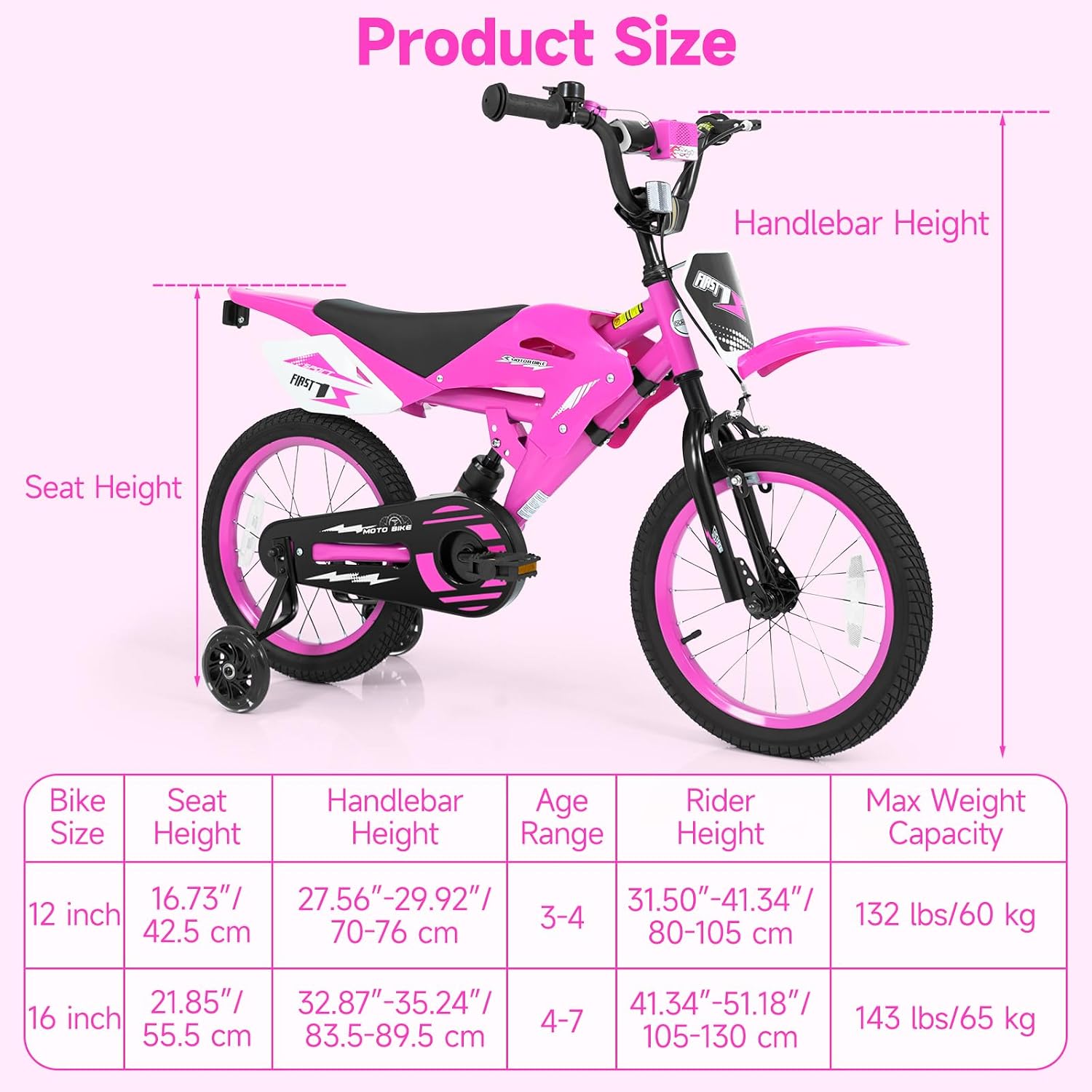 Olakids 12/16 Inch Motorcycle Kids BMX Bike with Light Training Wheels & Suspension