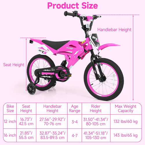 Olakids 12/16 Inch Motorcycle Kids BMX Bike with Light Training Wheels & Suspension