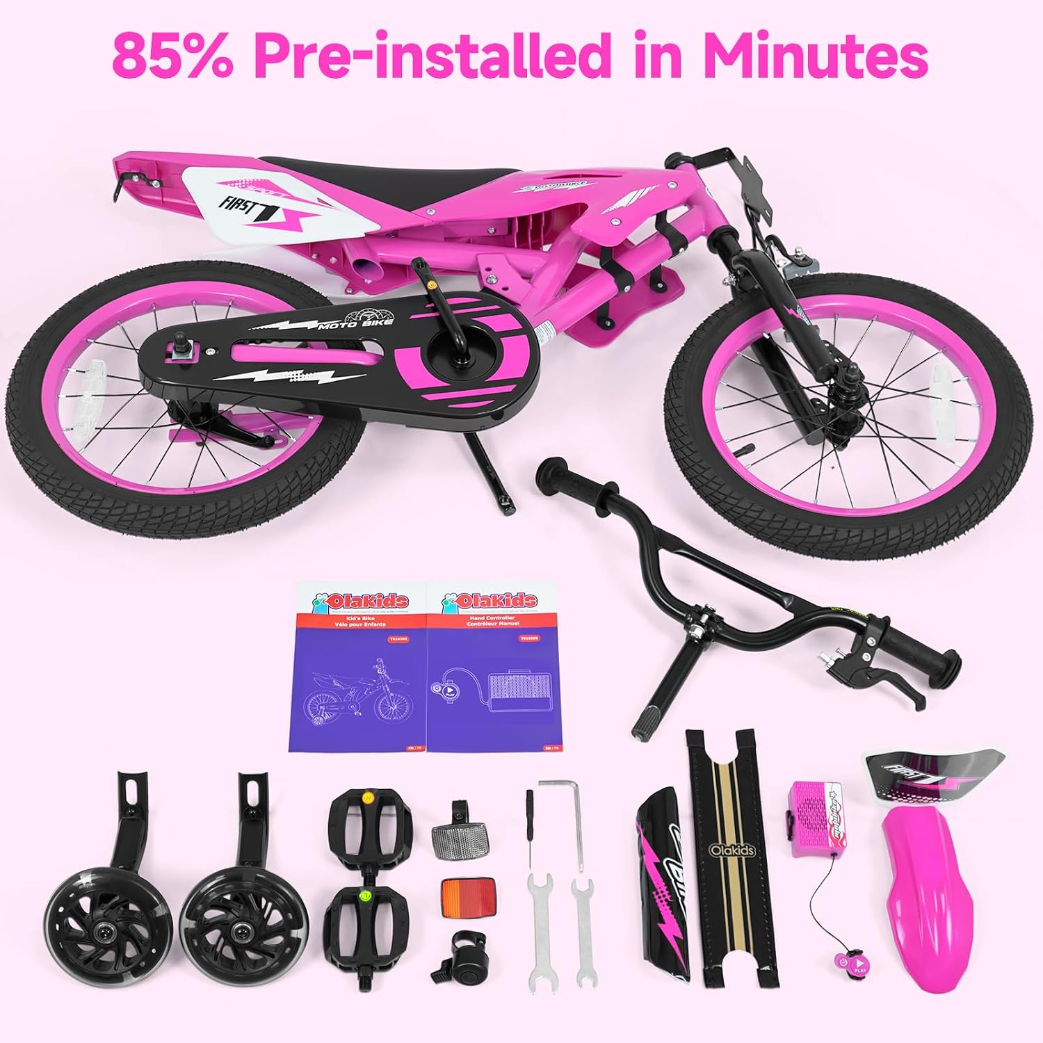 Olakids 12/16 Inch Motorcycle Kids BMX Bike with Light Training Wheels & Suspension