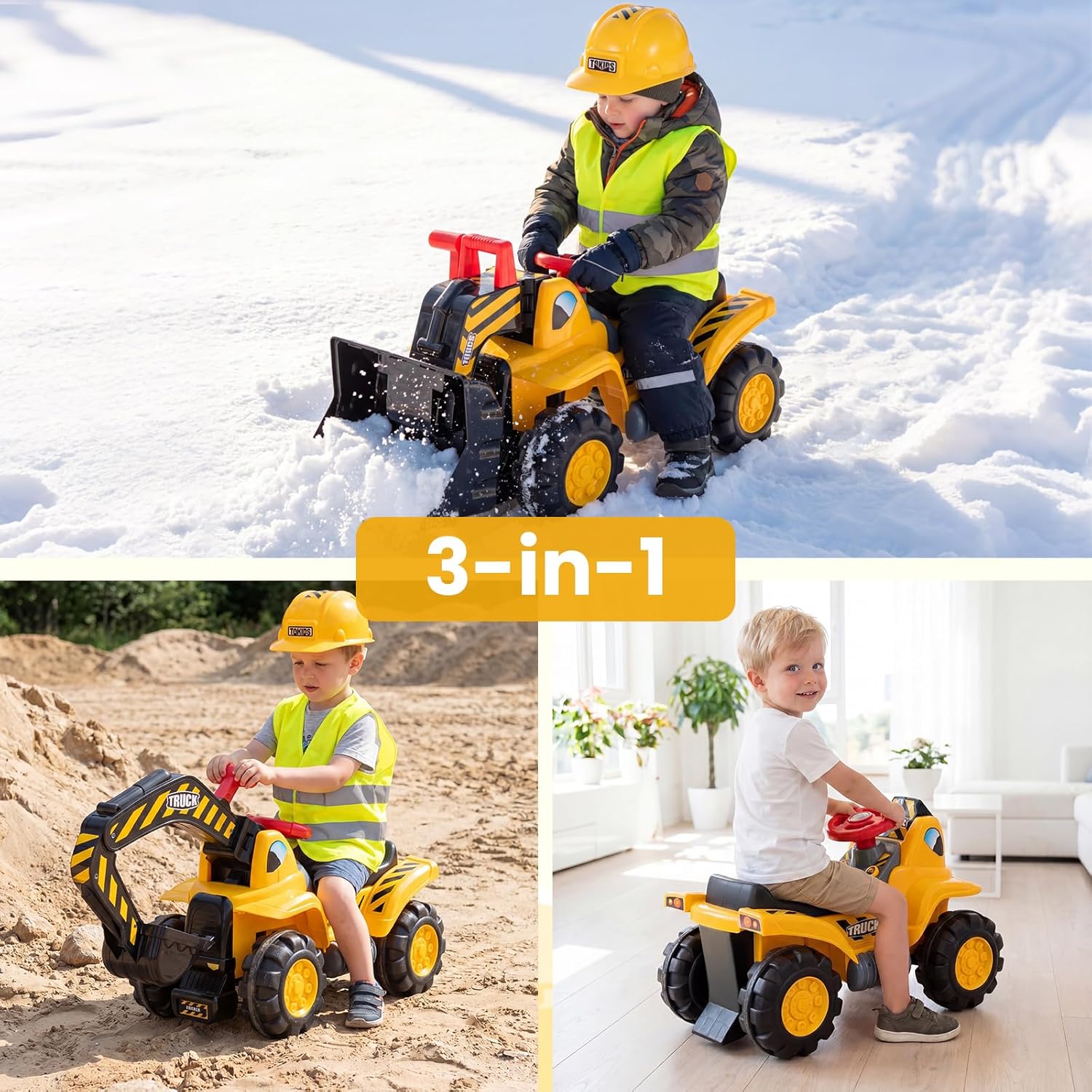 OLAKIDS 3-in-1 Ride On Excavator & Bulldozer, Construction Vehicles for Toddlers Boys and Girls