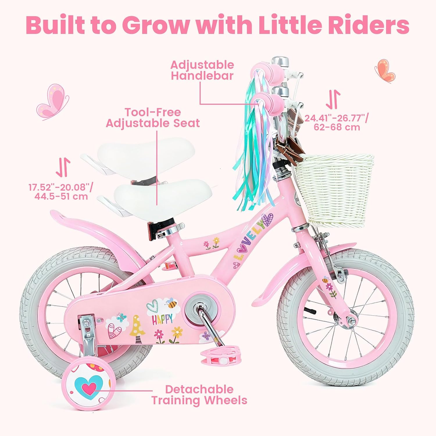 Olakids Kids Bike, 12 14 16 18 Inch Sweet Heart Theme Girls Bicycle with Training Wheels