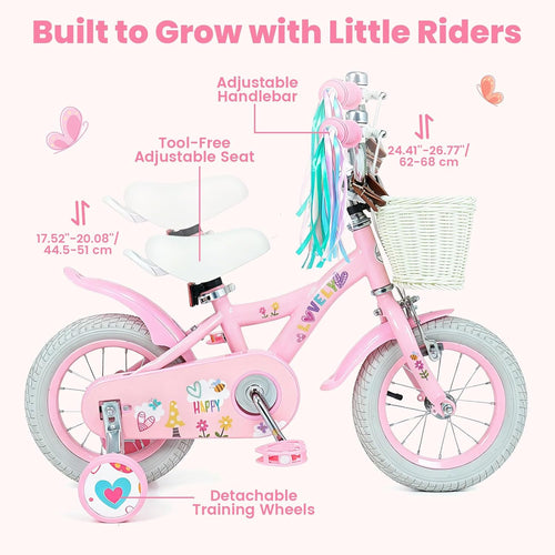 Olakids Kids Bike, 12 14 16 18 Inch Sweet Heart Theme Girls Bicycle with Training Wheels
