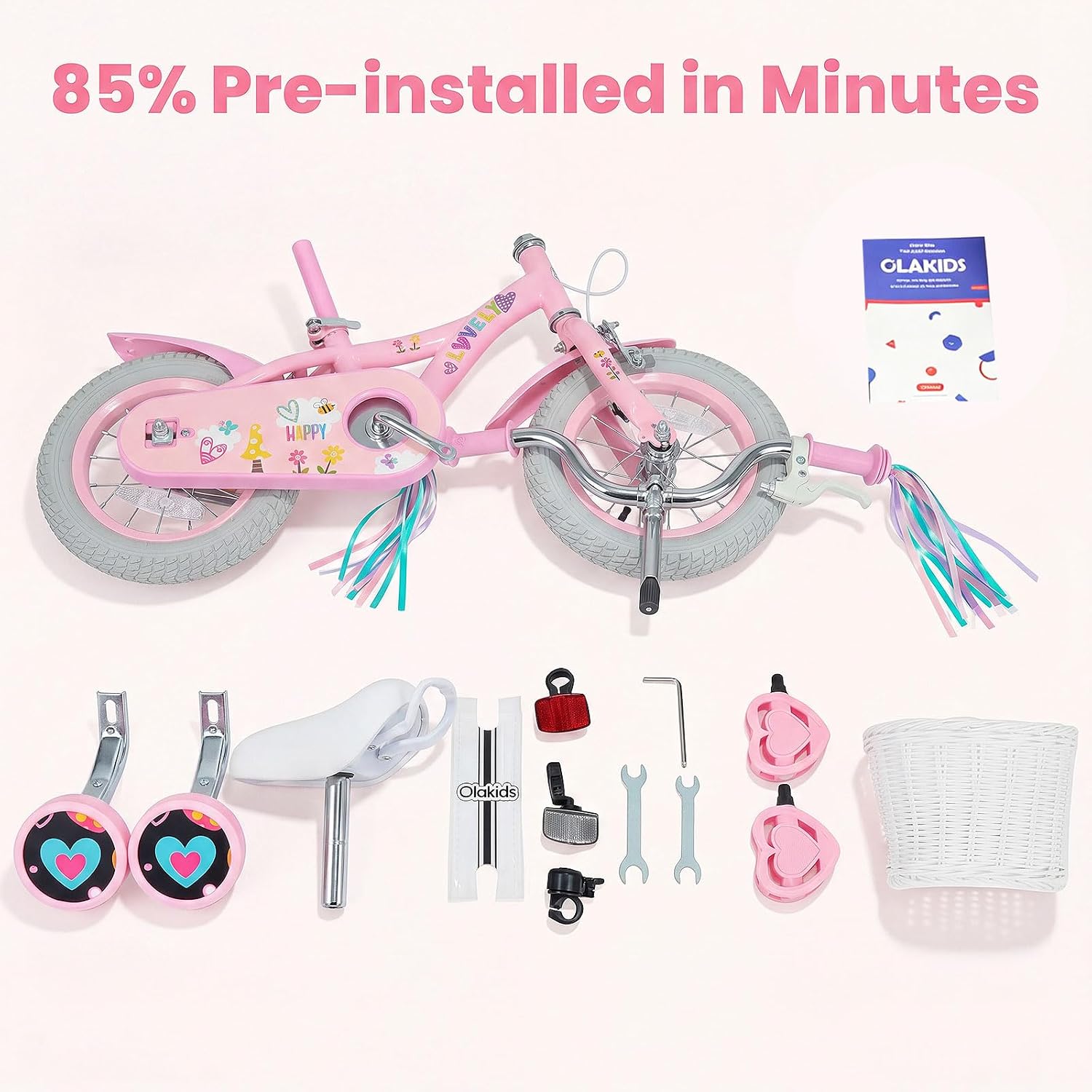 Olakids Kids Bike, 12 14 16 18 Inch Sweet Heart Theme Girls Bicycle with Training Wheels