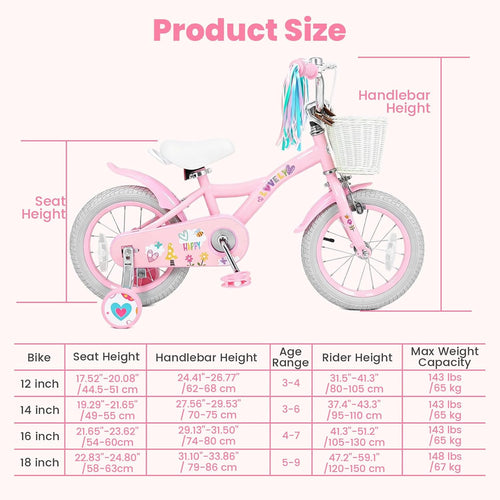 Olakids Kids Bike, 12 14 16 18 Inch Sweet Heart Theme Girls Bicycle with Training Wheels