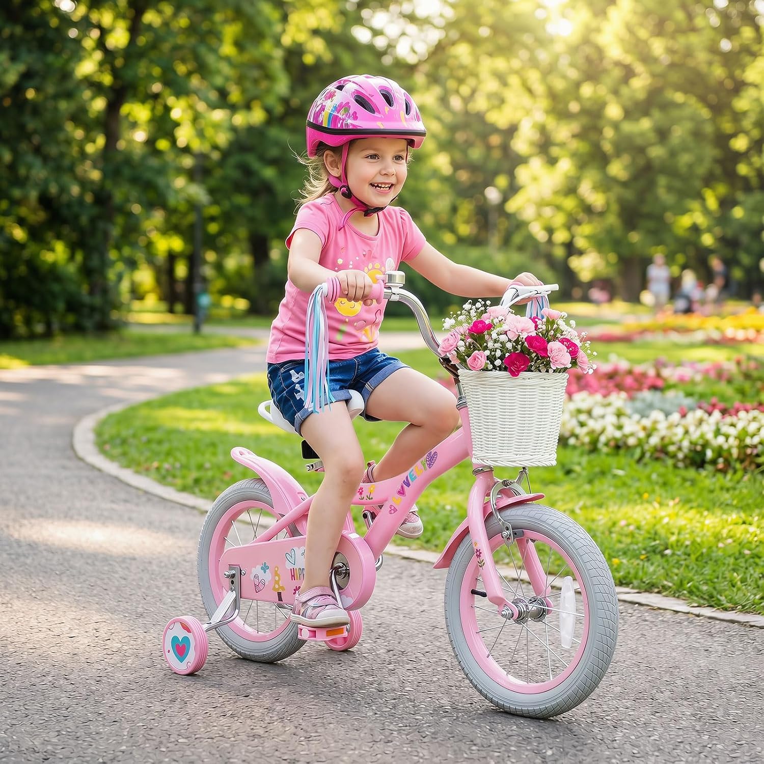 Olakids Kids Bike, 12 14 16 18 Inch Sweet Heart Theme Girls Bicycle with Training Wheels