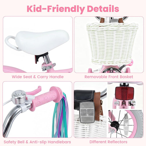 Olakids Kids Bike, 12 14 16 18 Inch Sweet Heart Theme Girls Bicycle with Training Wheels