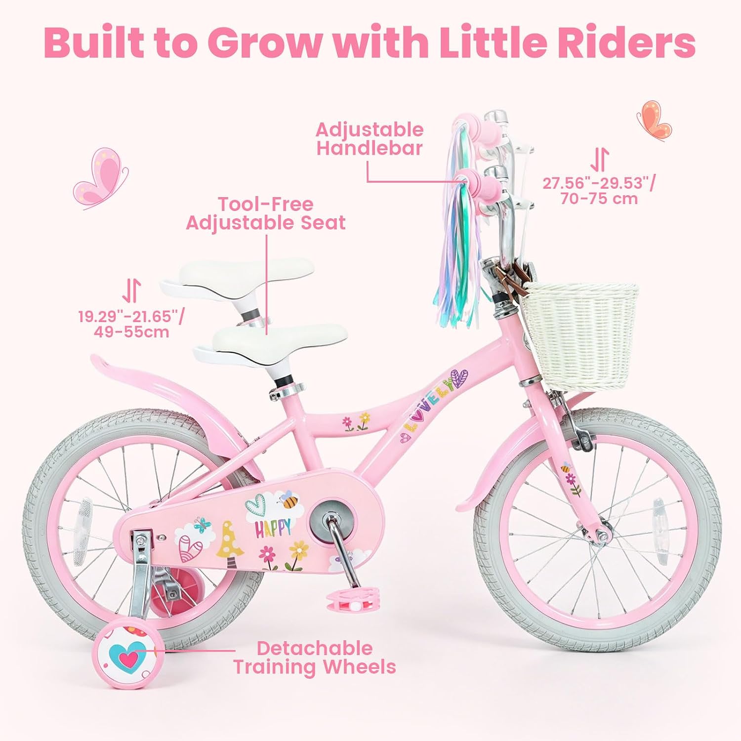 Olakids Kids Bike, 12 14 16 18 Inch Sweet Heart Theme Girls Bicycle with Training Wheels